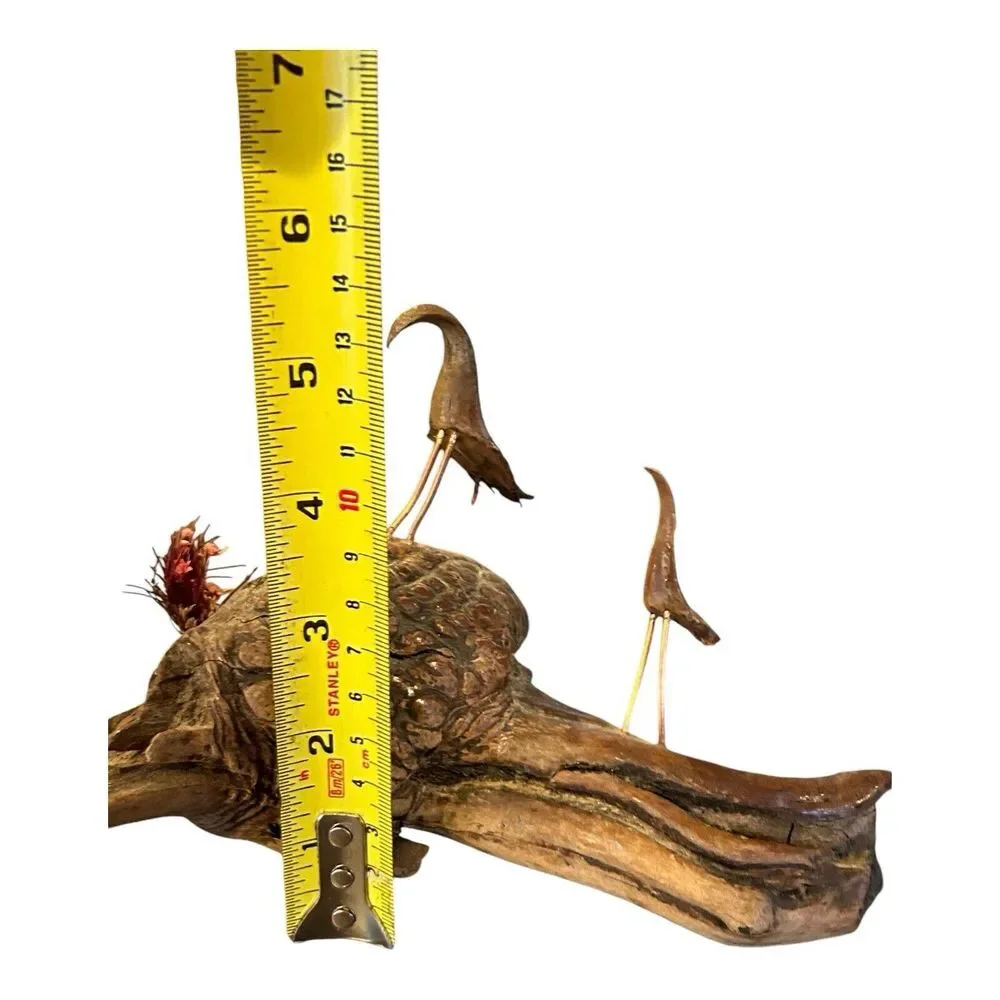 Vtg Burl Wood Driftwood Art Statue Pinecone Birds‎ Copper Wire Legs Decor